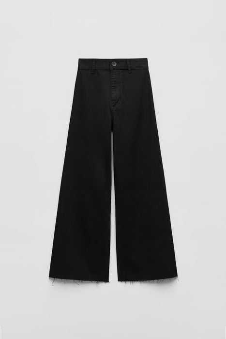 Spring Wide Leg Pants Rough Selvedge in Black Slim Fit High Waist Straight Jeans for Women