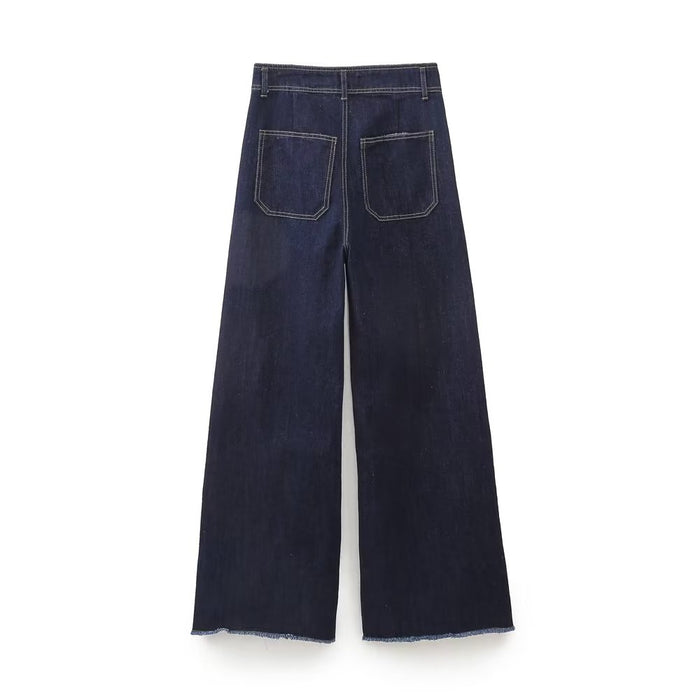 Spring Zipper Button Closure Unstitched Hem High Waist Wide Leg Jeans