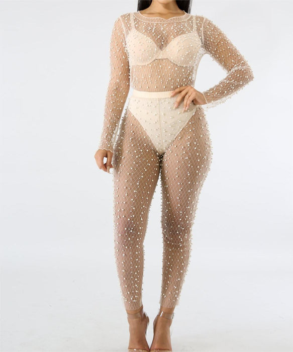 Summer Mesh Sexy See Through Bubble Beads Two Piece Set Excluding Underwear