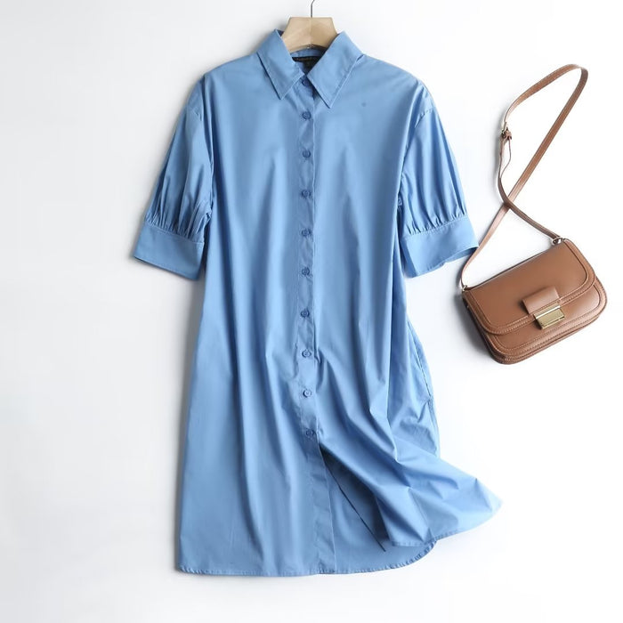 Women Clothing Spring Autumn Mid Length Collared Long Sleeve Shirt Dress Women