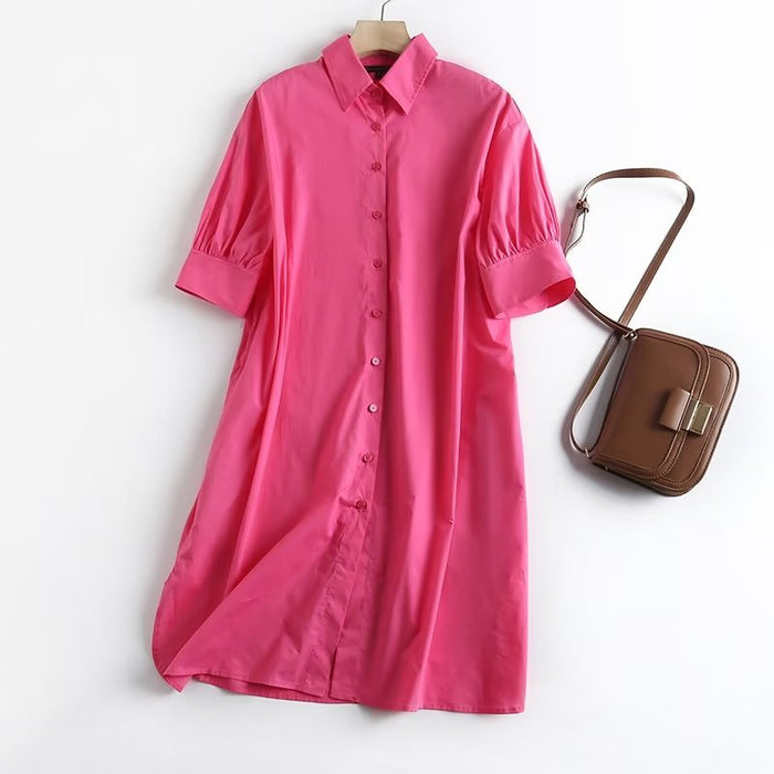 Women Clothing Spring Autumn Mid Length Collared Long Sleeve Shirt Dress Women