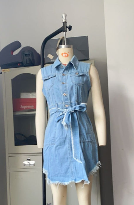 Denim Dress Women Street Hipster Mid Waist Blue Retro Cotton Washed