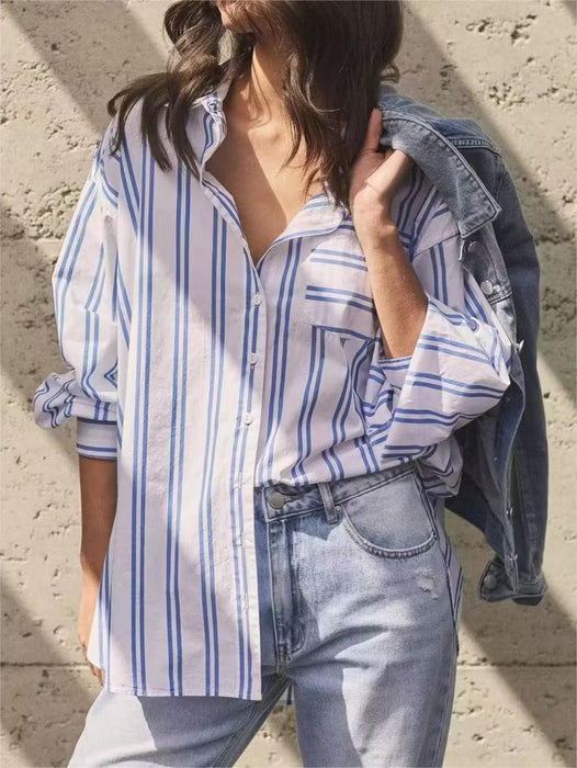 Women Autumn   Blue Striped Simple Collared Long Sleeve Striped Shirt for Women