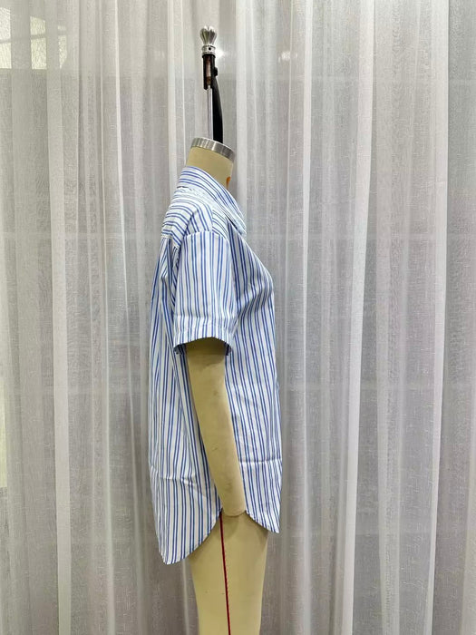 Women Autumn   Blue Striped Simple Collared Long Sleeve Striped Shirt for Women