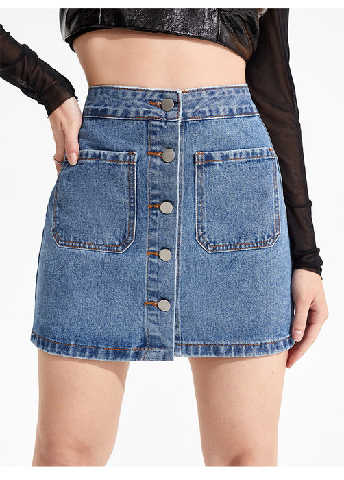 High Waist Slimming A- line Denim Skirt Women Retro High Waist Sexy Arm Covering Short Skirt Petite Dress