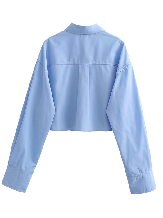 Spring Women Clothing Collared Hem Pocket Decorative Long Sleeve Short Shirt