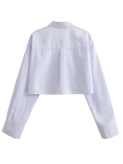 Spring Women Clothing Collared Hem Pocket Decorative Long Sleeve Short Shirt