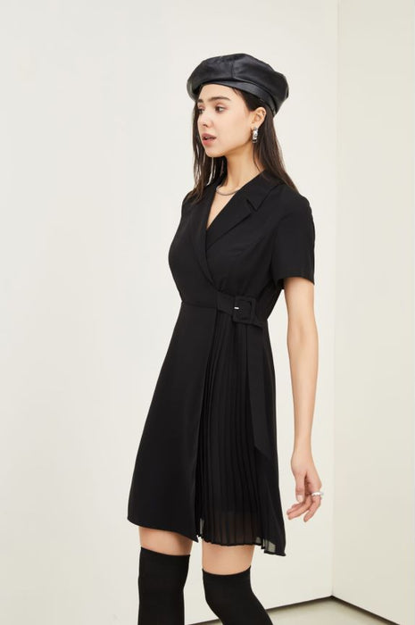 Spring Summer Hepburn Little Black Dress Office Pleated Chiffon Dress for Women