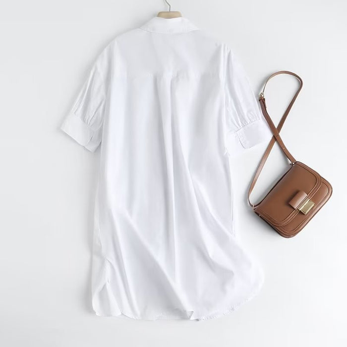 Women  Clothing Stylish Graceful Simple Shirt White Collared Half Length Sleeve Dress