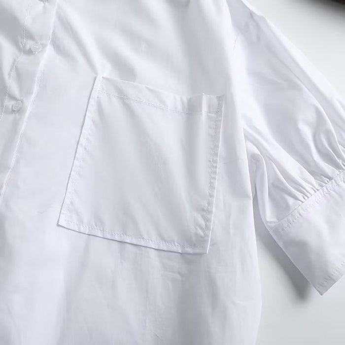 Women  Clothing Stylish Graceful Simple Shirt White Collared Half Length Sleeve Dress