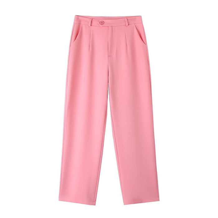 Trousers Design Pocket Half Elastic Waist Straight Casual Pants Women