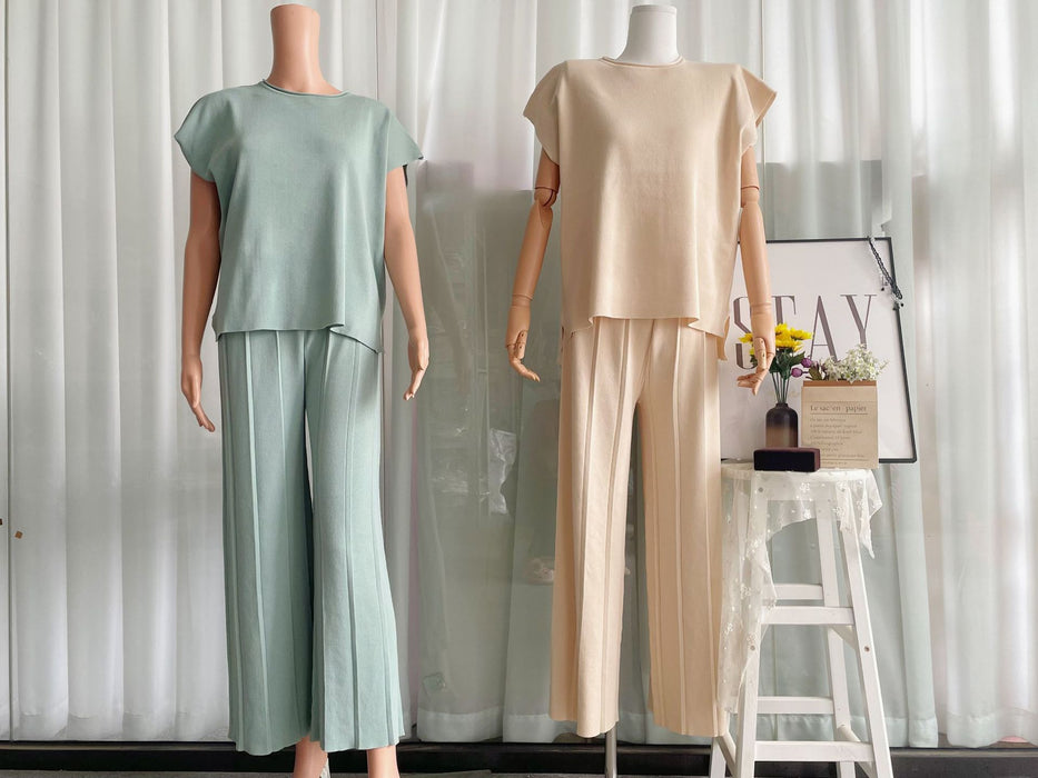 Casual  Women Summer Solid Color Sleeveless Vest Sweater Wide Leg Pants Ice Silk Sets