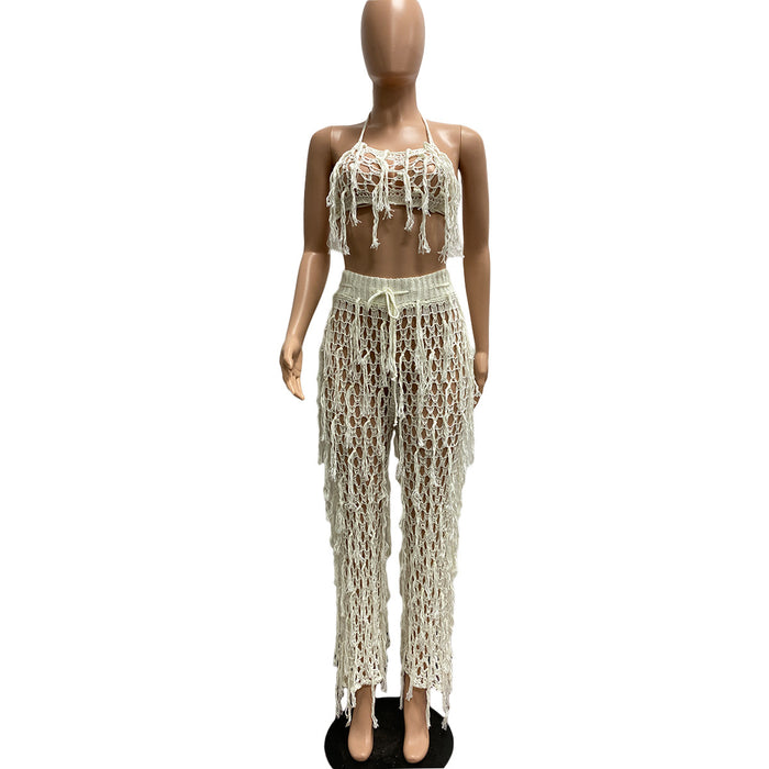 Sexy See through Knitted Hand Crochet Tassel Beach Suit