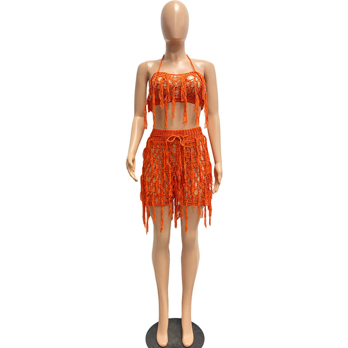 Women   Sexy See through Knitted Hand Crochet Tassel Beach Shorts Suit