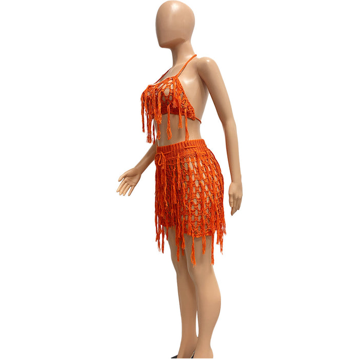 Women   Sexy See through Knitted Hand Crochet Tassel Beach Shorts Suit