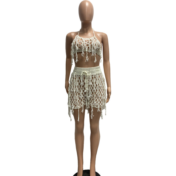 Women   Sexy See through Knitted Hand Crochet Tassel Beach Shorts Suit