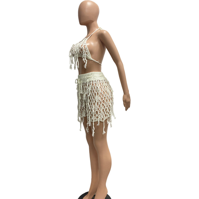 Women   Sexy See through Knitted Hand Crochet Tassel Beach Shorts Suit