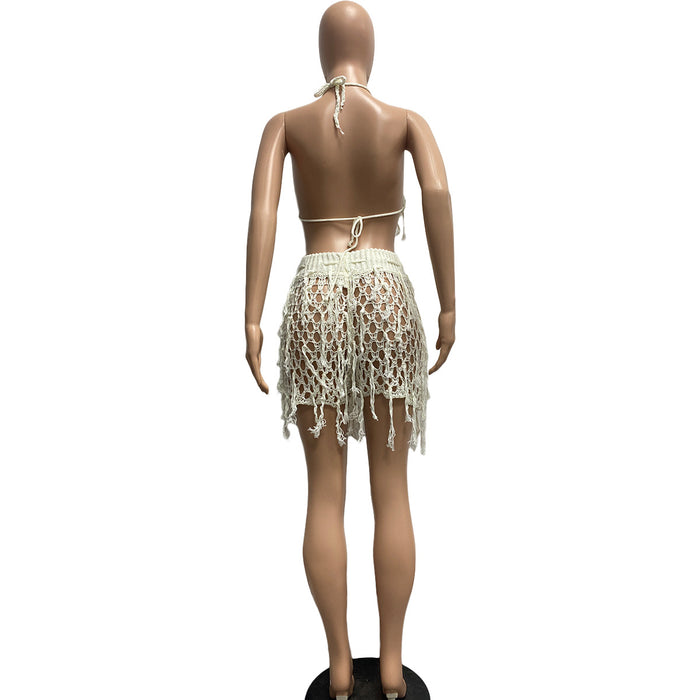 Women   Sexy See through Knitted Hand Crochet Tassel Beach Shorts Suit