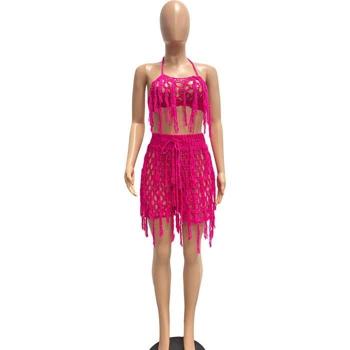 Women   Sexy See through Knitted Hand Crochet Tassel Beach Shorts Suit