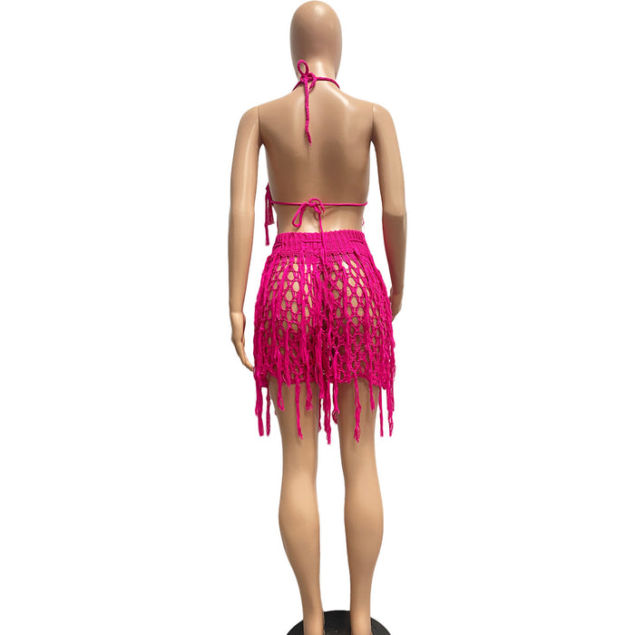 Women   Sexy See through Knitted Hand Crochet Tassel Beach Shorts Suit