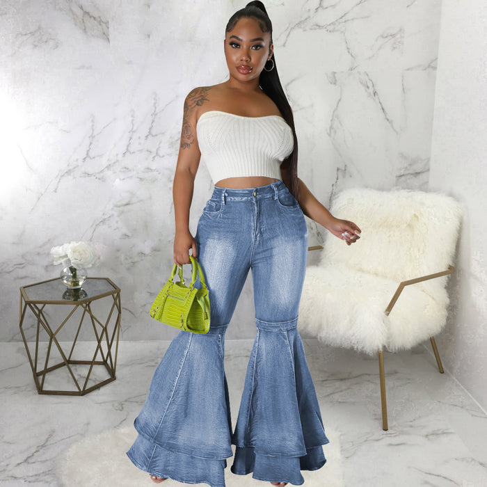 All Match Wide Leg Washed Denim Stretch Flared Pants