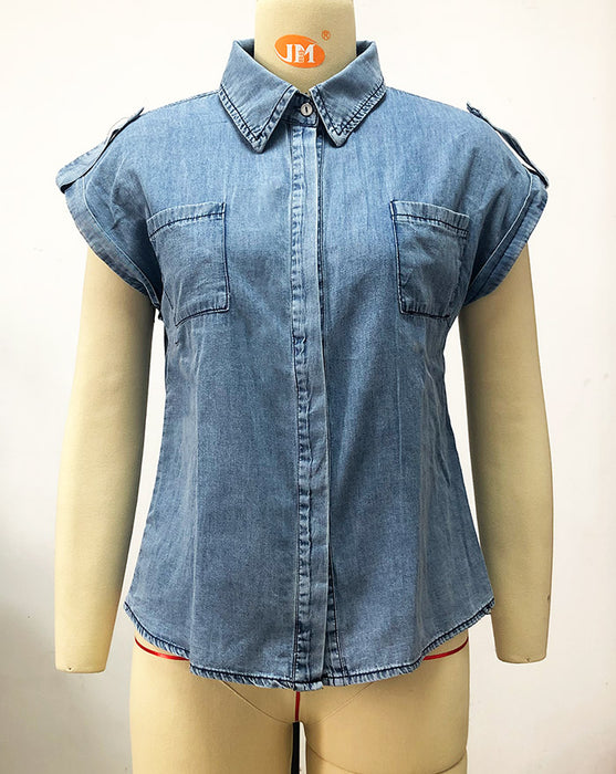 Spring Summer Sleeveless Washed Worn Straight Pocket Loose Denim Shirt