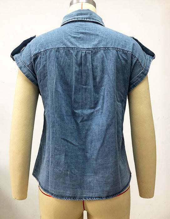 Spring Summer Sleeveless Washed Worn Straight Pocket Loose Denim Shirt