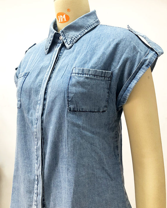 Spring Summer Sleeveless Washed Worn Straight Pocket Loose Denim Shirt