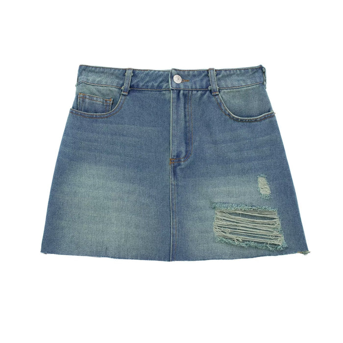 Spring Women Clothing Personality Cut Decorative Denim Mini Skirt