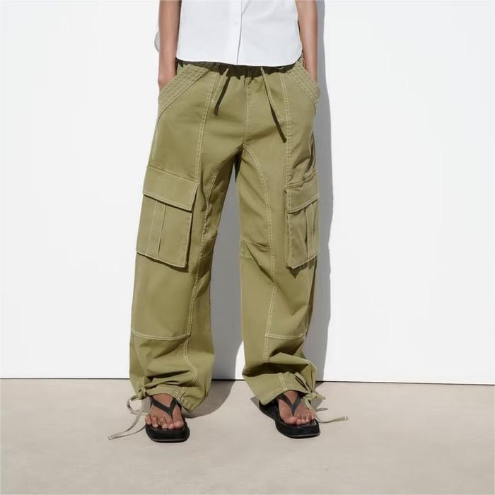 Summer Women Multi Pocket High Waist Wide Leg Pants Drawstring Decoration Workwear Casual Pants