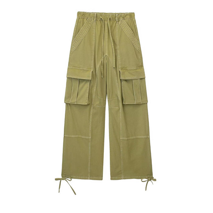 Summer Women Multi Pocket High Waist Wide Leg Pants Drawstring Decoration Workwear Casual Pants