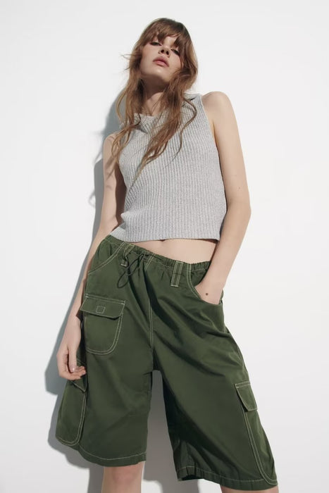 Summer Casual Pants Pocket Middle Pants Women Clothing Straight Leg Pants