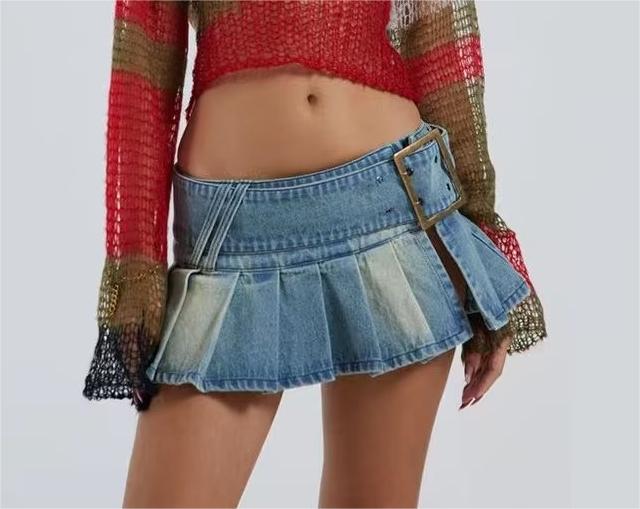 Summer Pleated Denim Skirt Belt Sexy Skirt