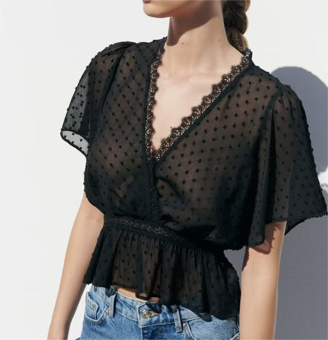 Women  Sexy Slim Black Lace Trim Shirt