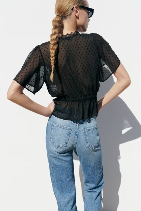 Women  Sexy Slim Black Lace Trim Shirt