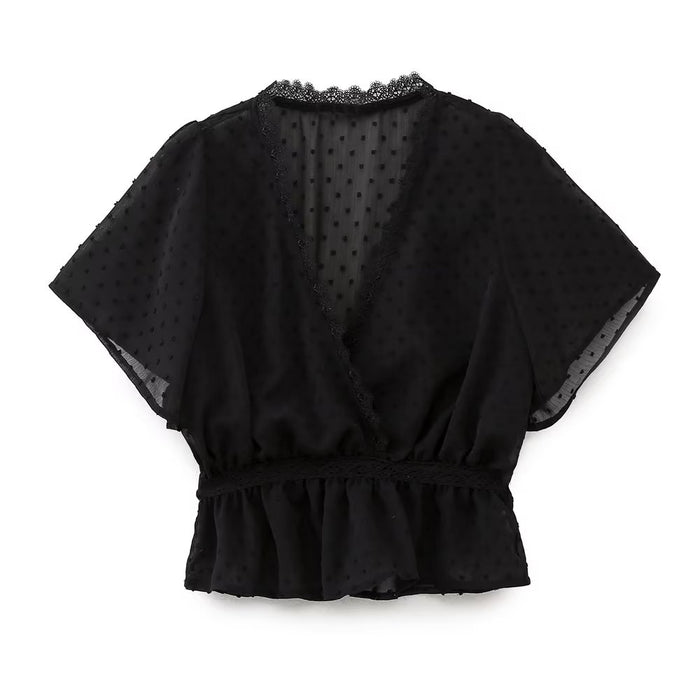 Women  Sexy Slim Black Lace Trim Shirt