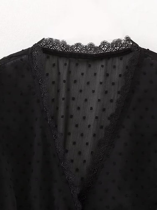 Women  Sexy Slim Black Lace Trim Shirt