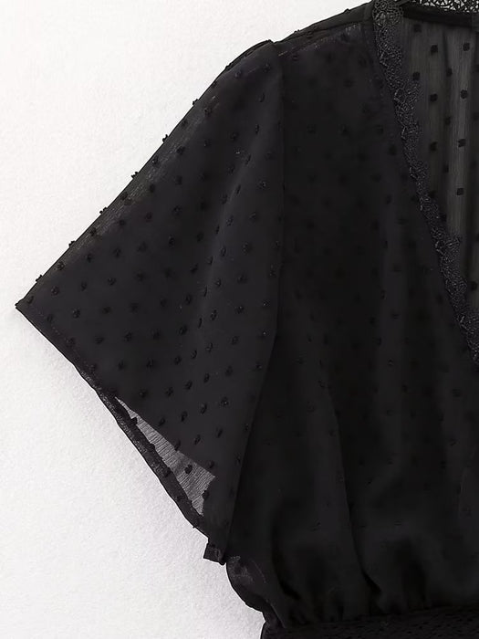 Women  Sexy Slim Black Lace Trim Shirt