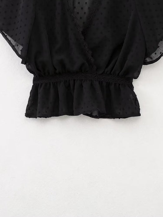 Women  Sexy Slim Black Lace Trim Shirt