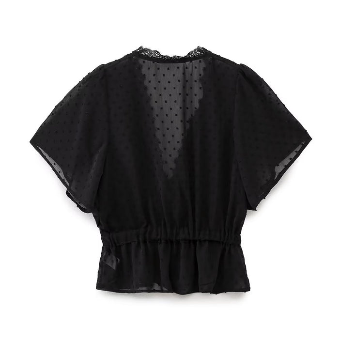 Women  Sexy Slim Black Lace Trim Shirt