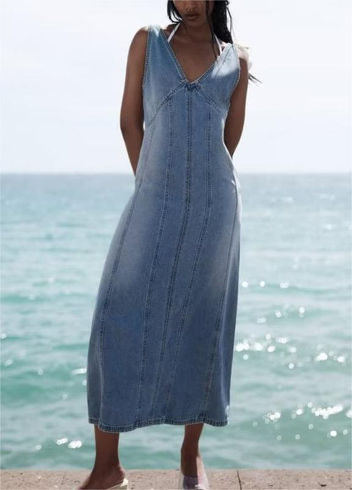 Summer Retro V neck Sleeveless Denim A  line Vest Dress Women Dress