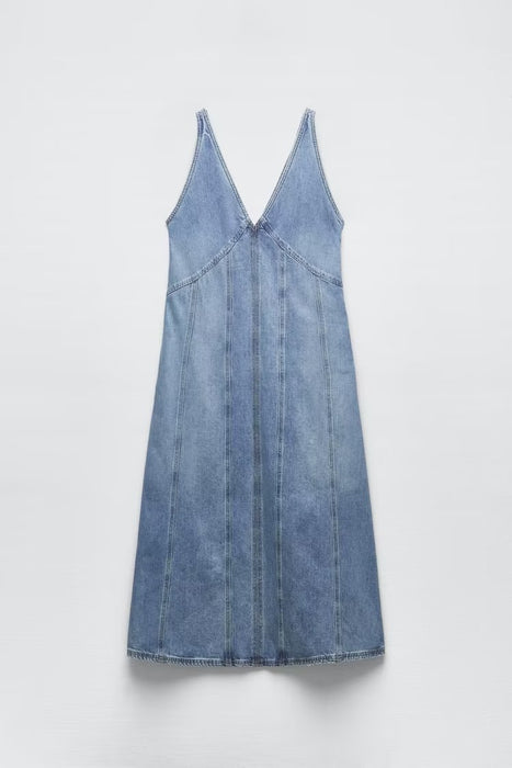 Summer Retro V neck Sleeveless Denim A  line Vest Dress Women Dress