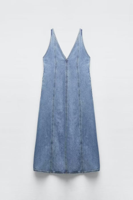 Summer Retro V neck Sleeveless Denim A  line Vest Dress Women Dress