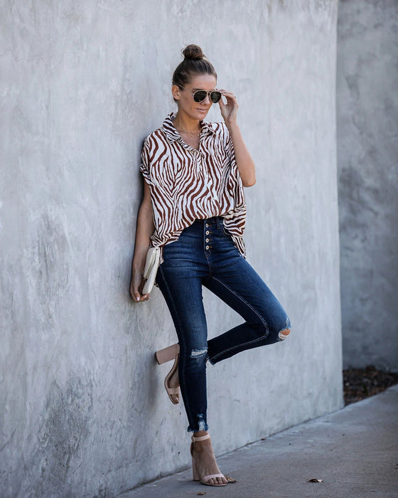 Women Summer Short Sleeved Loose Zebra Print Shirt