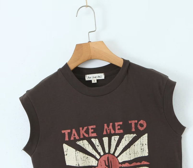 Sleeveless Printed Vest T shirt round Neck Printed Pullover T shirt Tops