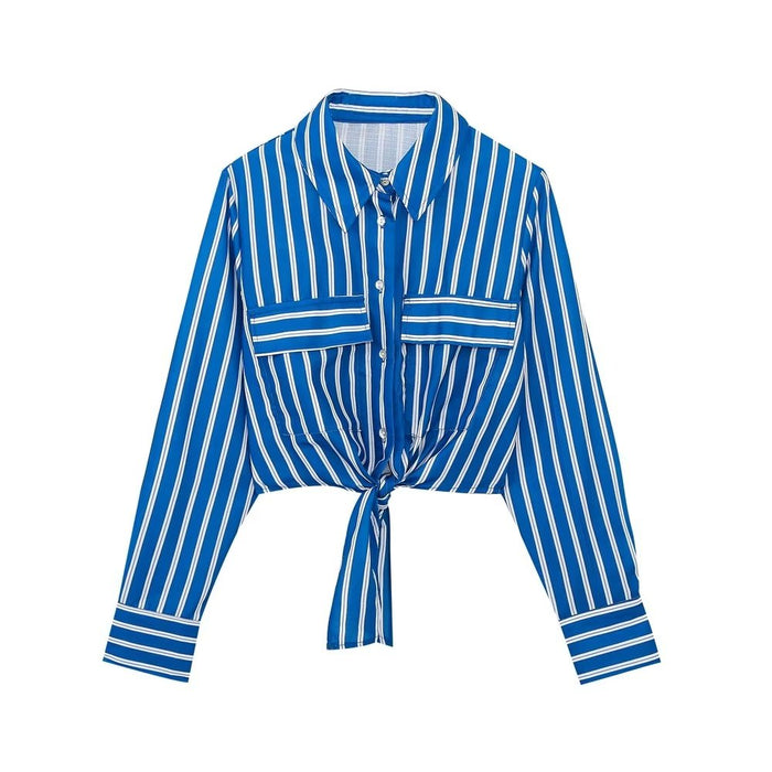 Summer Wind Women  Long Sleeve Bow Tie Striped Shirt