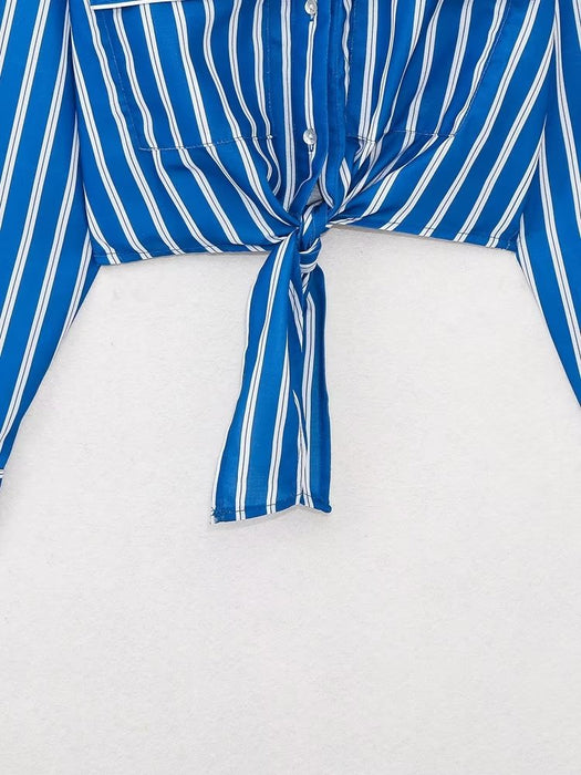 Summer Wind Women  Long Sleeve Bow Tie Striped Shirt