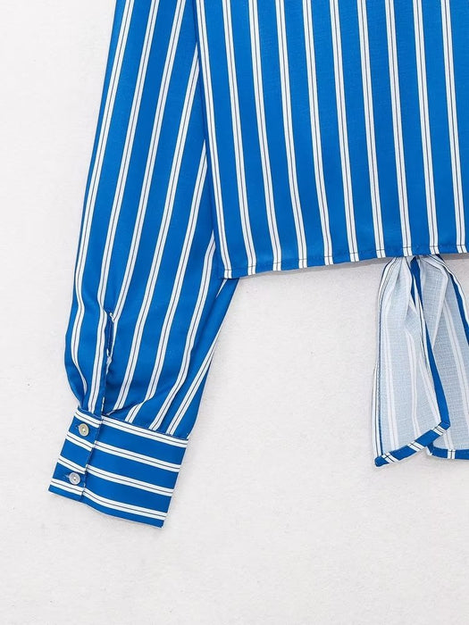 Summer Wind Women  Long Sleeve Bow Tie Striped Shirt