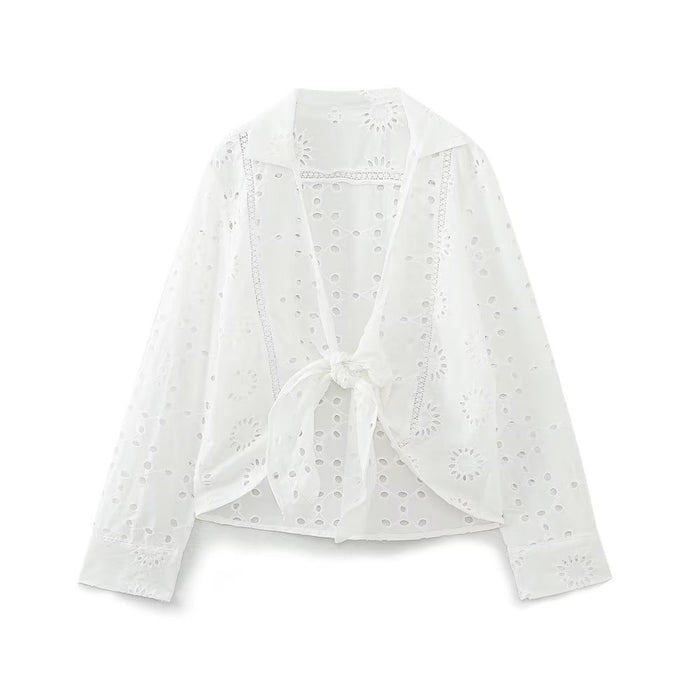 Summer Women  Clothing Niche Embroidery Bow Tie Shirt