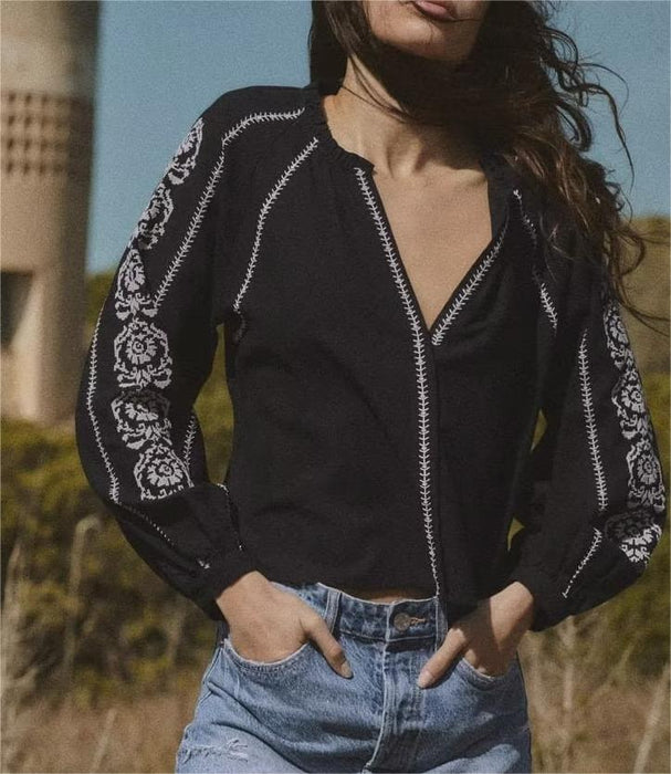 Summer Women Black Embroidered V neck Long Sleeve Shirt